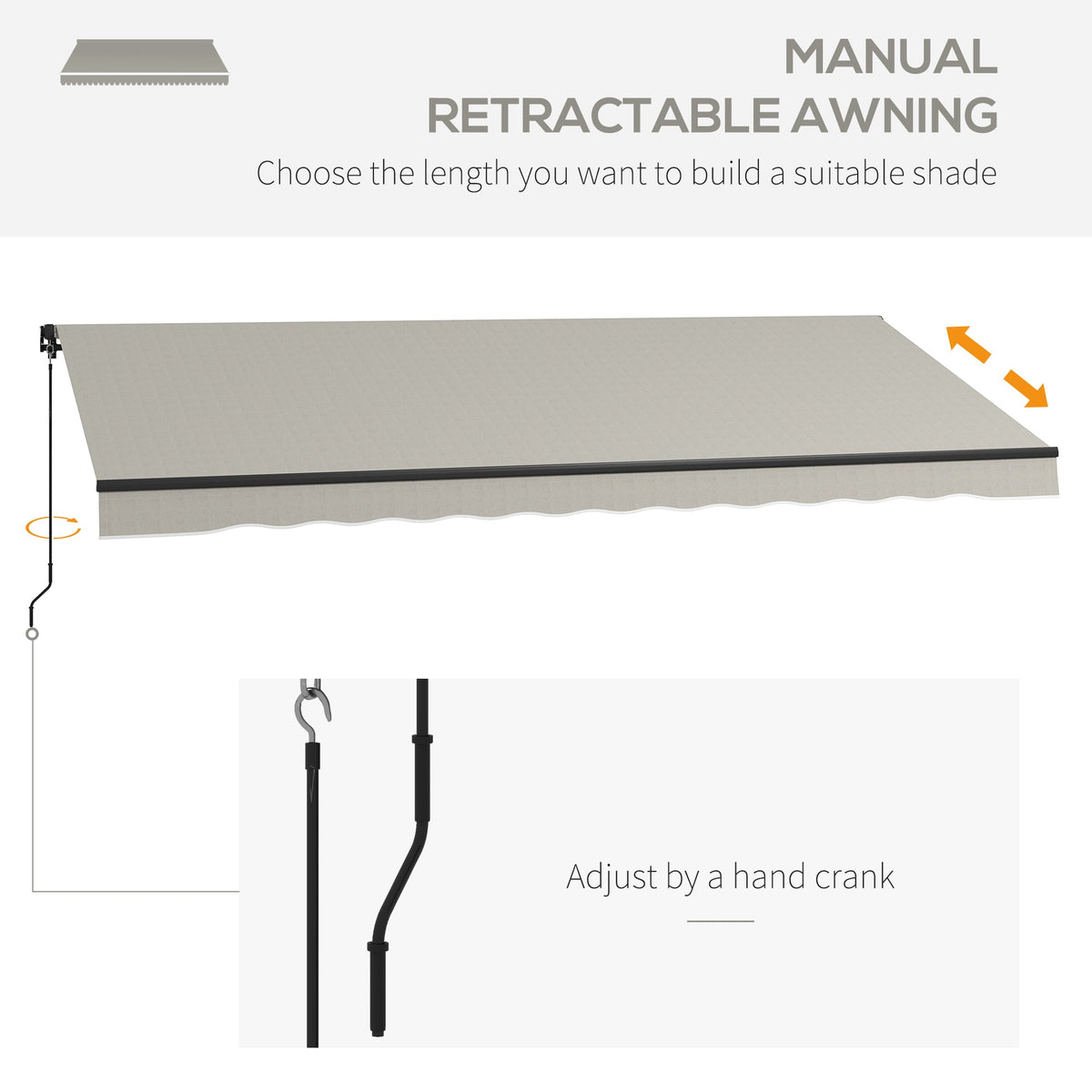 15' x 10' Retractable Awning with Manual Crank, 280gsm UV Resistant Fabric and Aluminum Frame, Light Grey