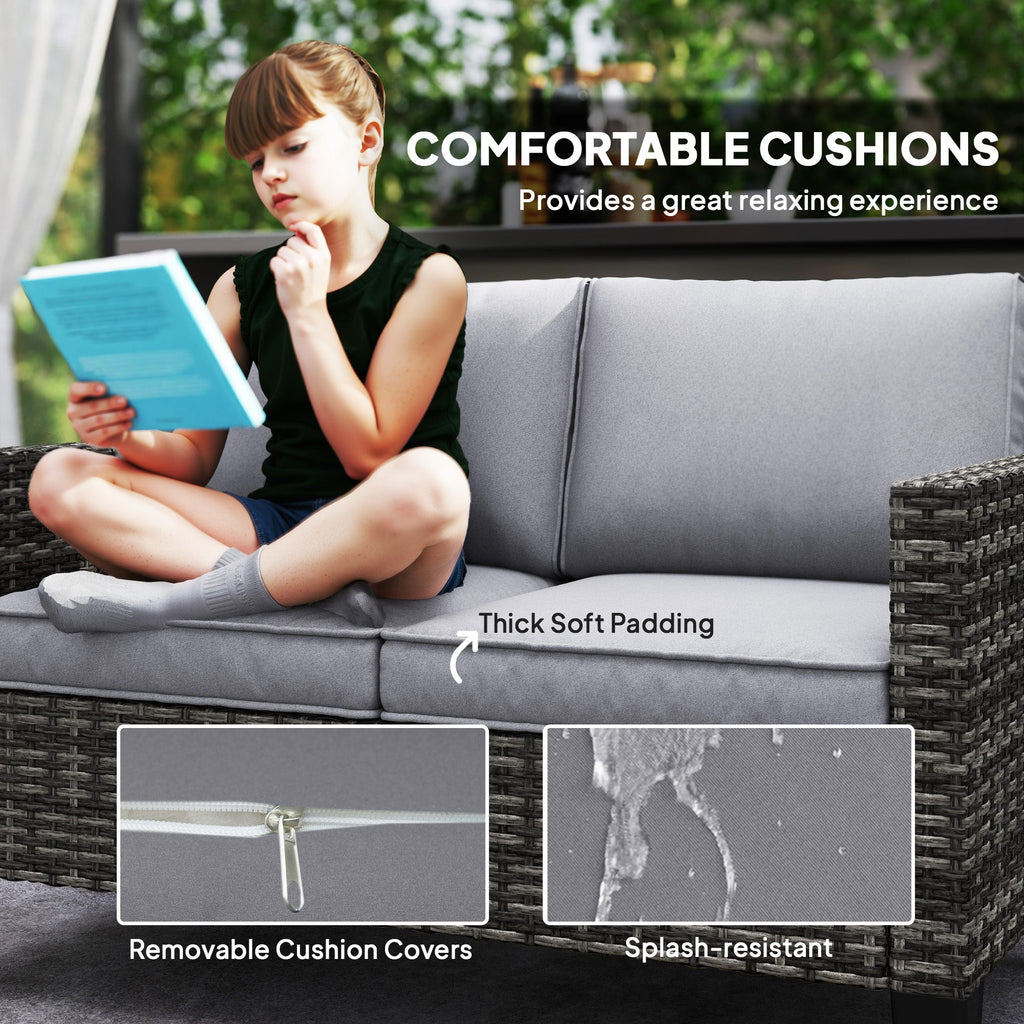 2 Seater Rattan Garden Sofa with Cushions & Armrests, Dark Grey