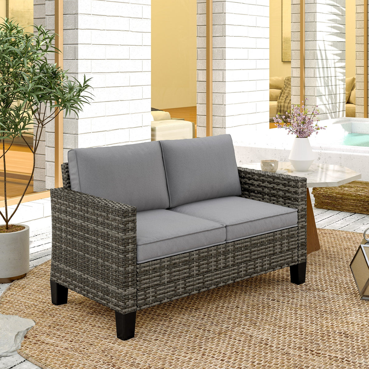 2 Seater Rattan Garden Sofa with Cushions & Armrests, Dark Grey