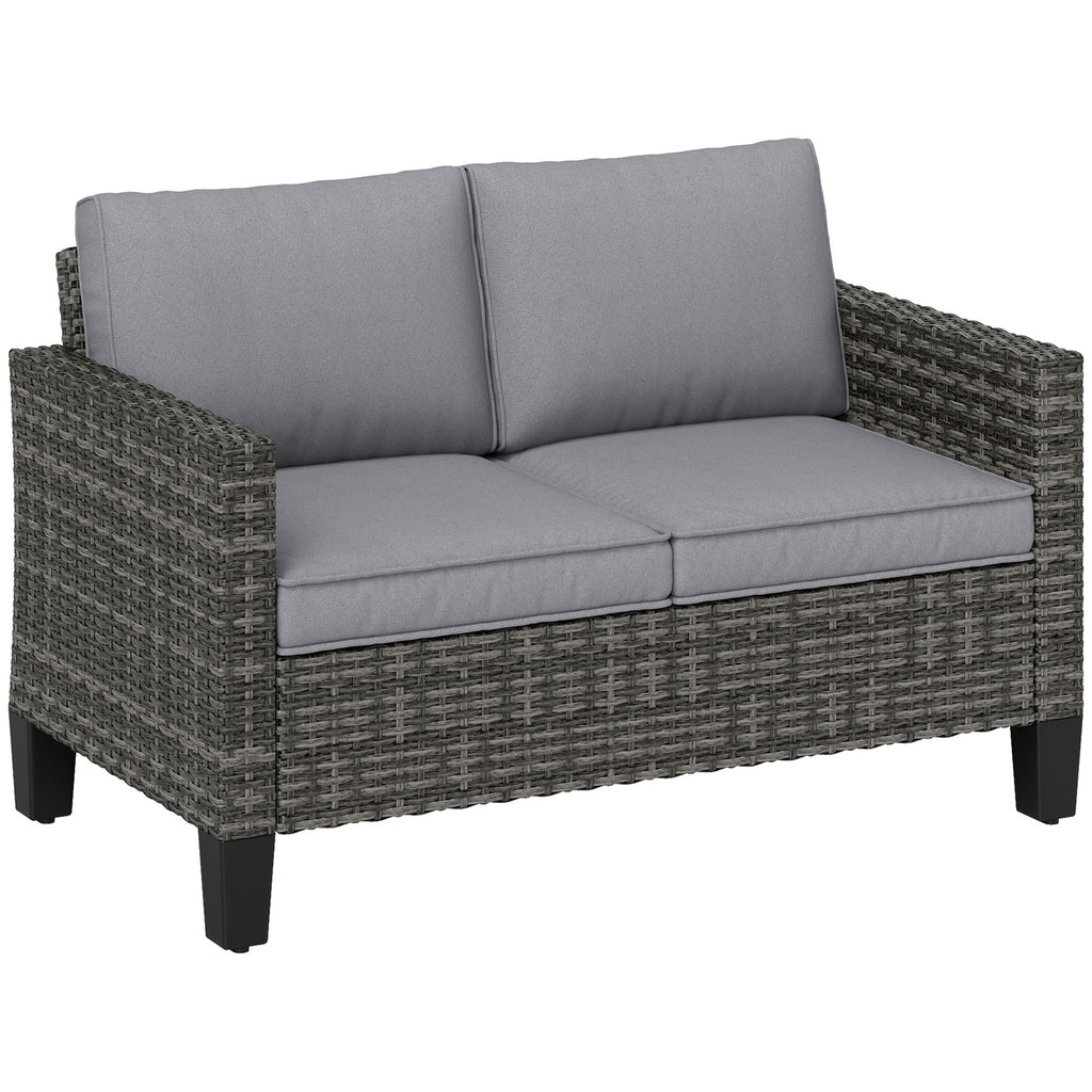2 Seater Rattan Garden Sofa with Cushions & Armrests, Dark Grey