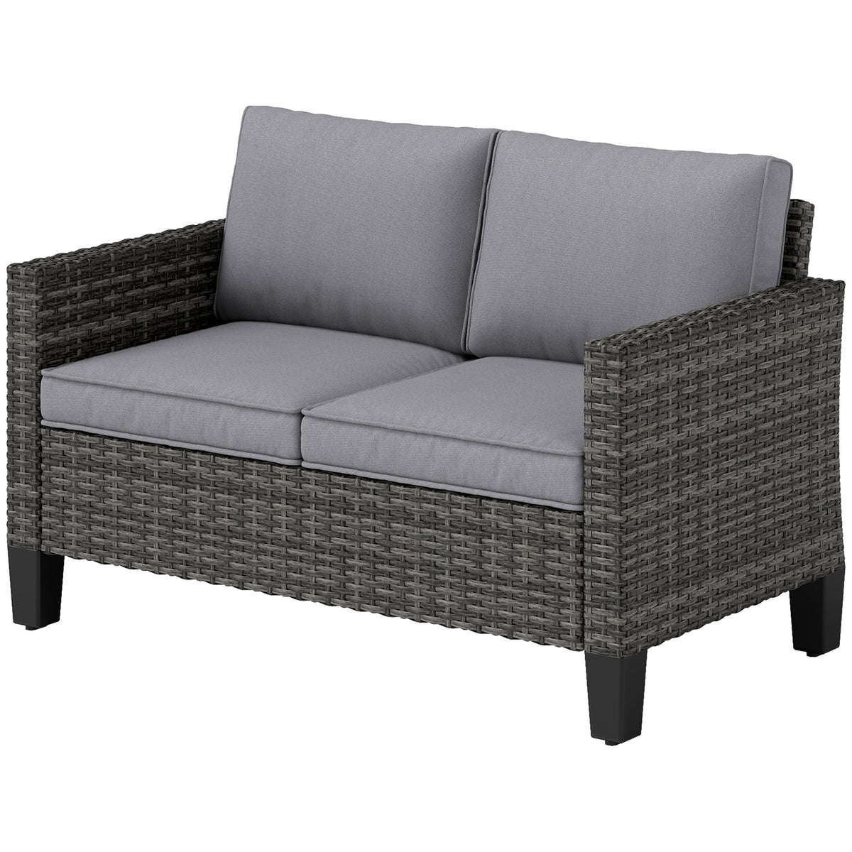 2 Seater Rattan Garden Sofa with Cushions & Armrests, Dark Grey