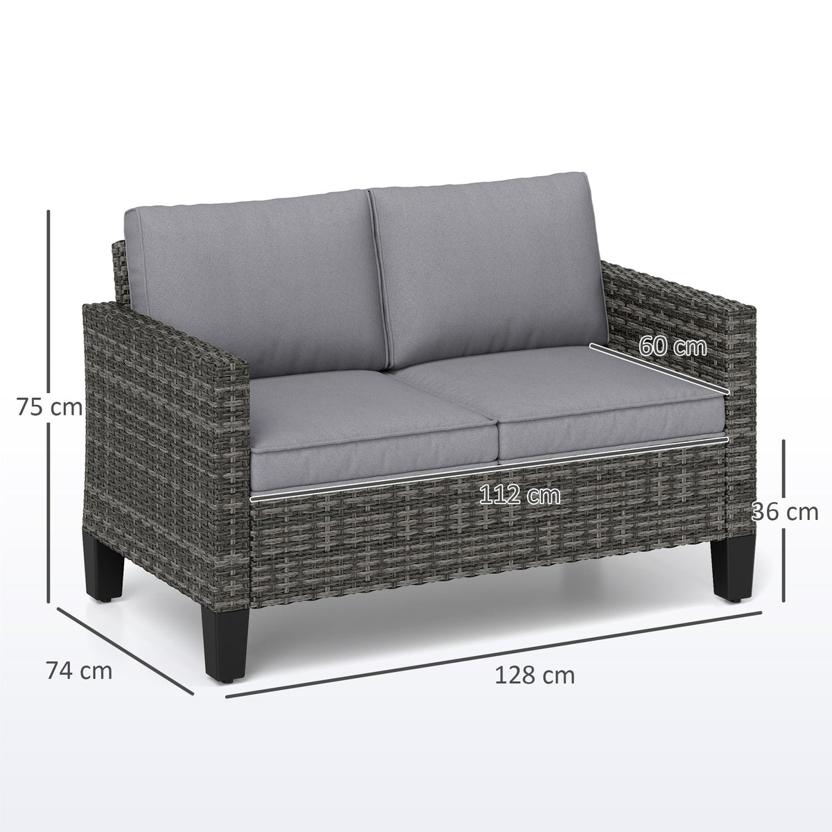 2 Seater Rattan Garden Sofa with Cushions & Armrests, Dark Grey