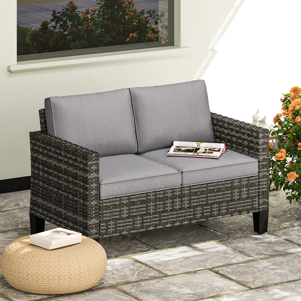 2 Seater Rattan Garden Sofa with Cushions & Armrests, Dark Grey