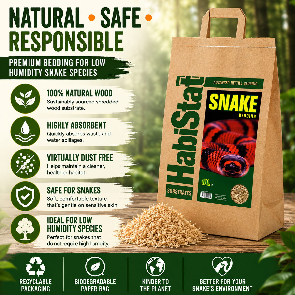 HabiStat Snake Bedding 10L Natural Shredded Wood Vivarium Substrate Dust Free