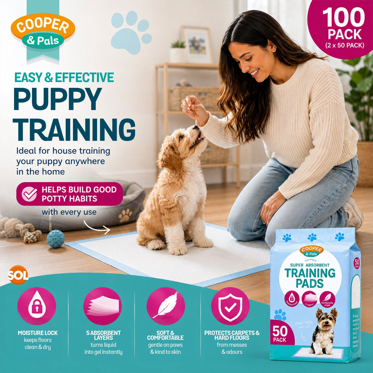 100pk Puppy Training Pads Premium Puppy Pads Perfect for Puppy Toilet Training, Dog Training Pads for Puppy Training, Ideal Indoor and Outdoor Pee Pads Dogs, Absorbent Dog Pee Pad for your Furr Baby