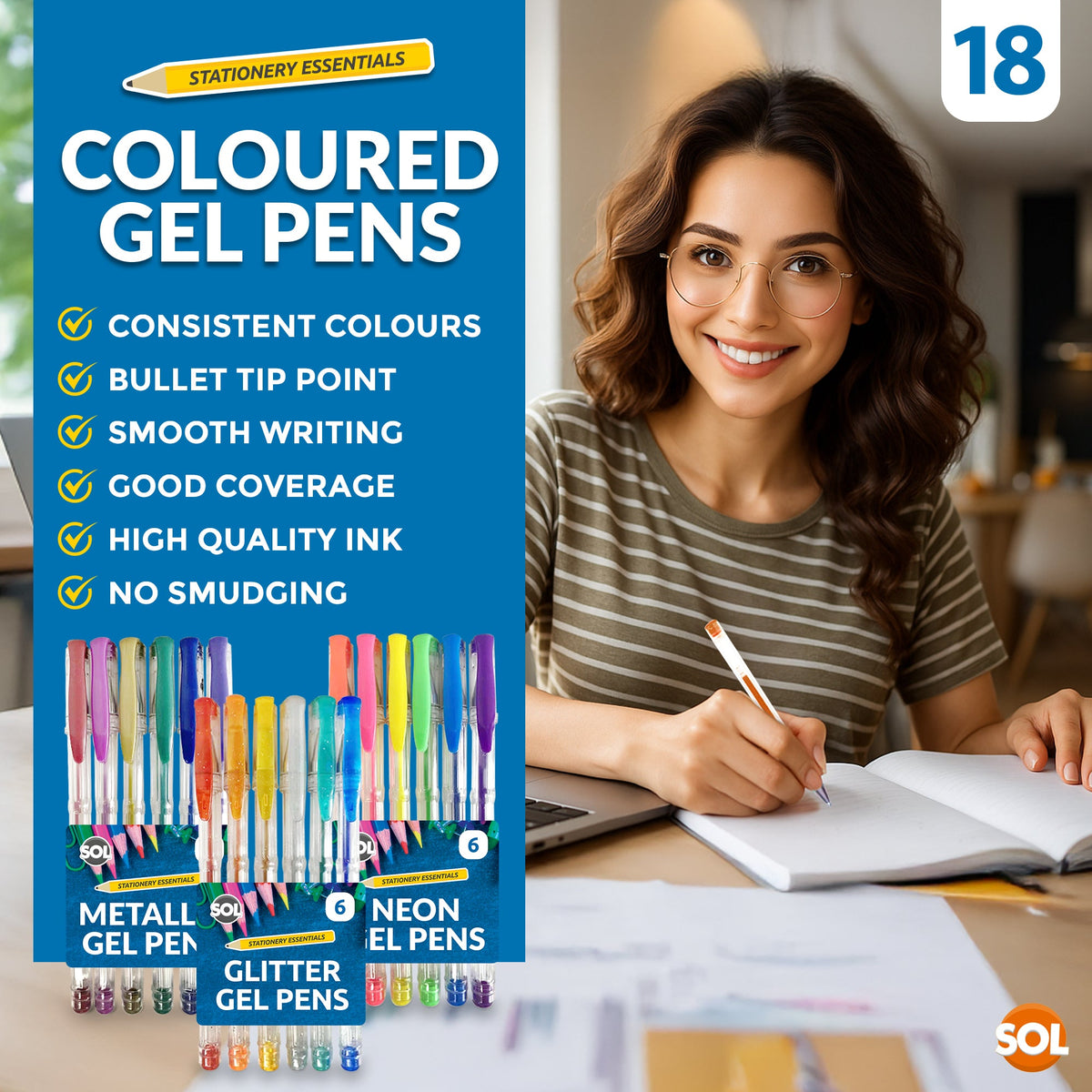 SOL 18pk Gel Pens, 3 Sets of Assorted Coloured Gel Pens for Writing, Glitter, Neon & Metallic Inks in Vibrant Colours, Smooth Ink Flow, Perfect for Journaling, Drawing, Crafting, and Office Supplies