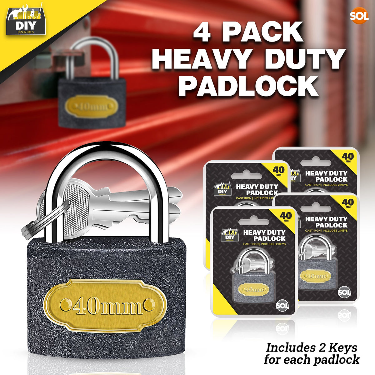 Padlock 40mm with 2 Keys | Heavy Duty Outdoor Security Lock | 4 Pack