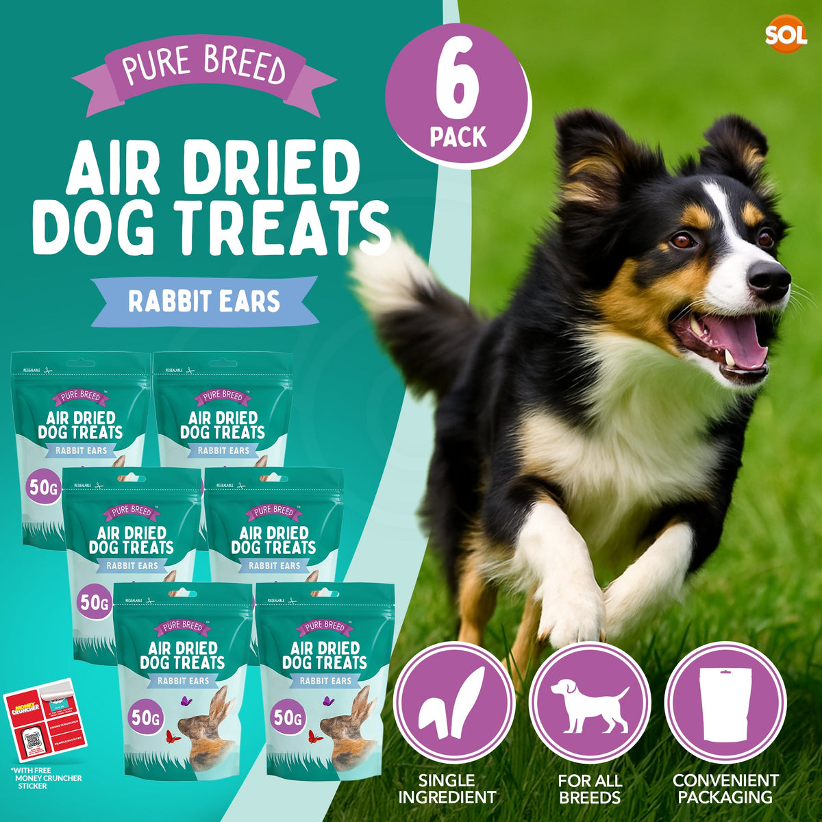 Pure Breed Rabbit Ears with Fur for Dogs – 300g (6 × 50g Bags) 100% Natural Air-Dried Chews Long-Lasting Snacks Grain-Free Single Ingredient Low Calories Rabbits Ears with Fur For Dogs Happy Pooch