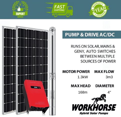 Workhorse Series | 3000 L/H | Max Head 168m | Hybrid Solar | 1.3kW Submersible Pump 4SP 2-28