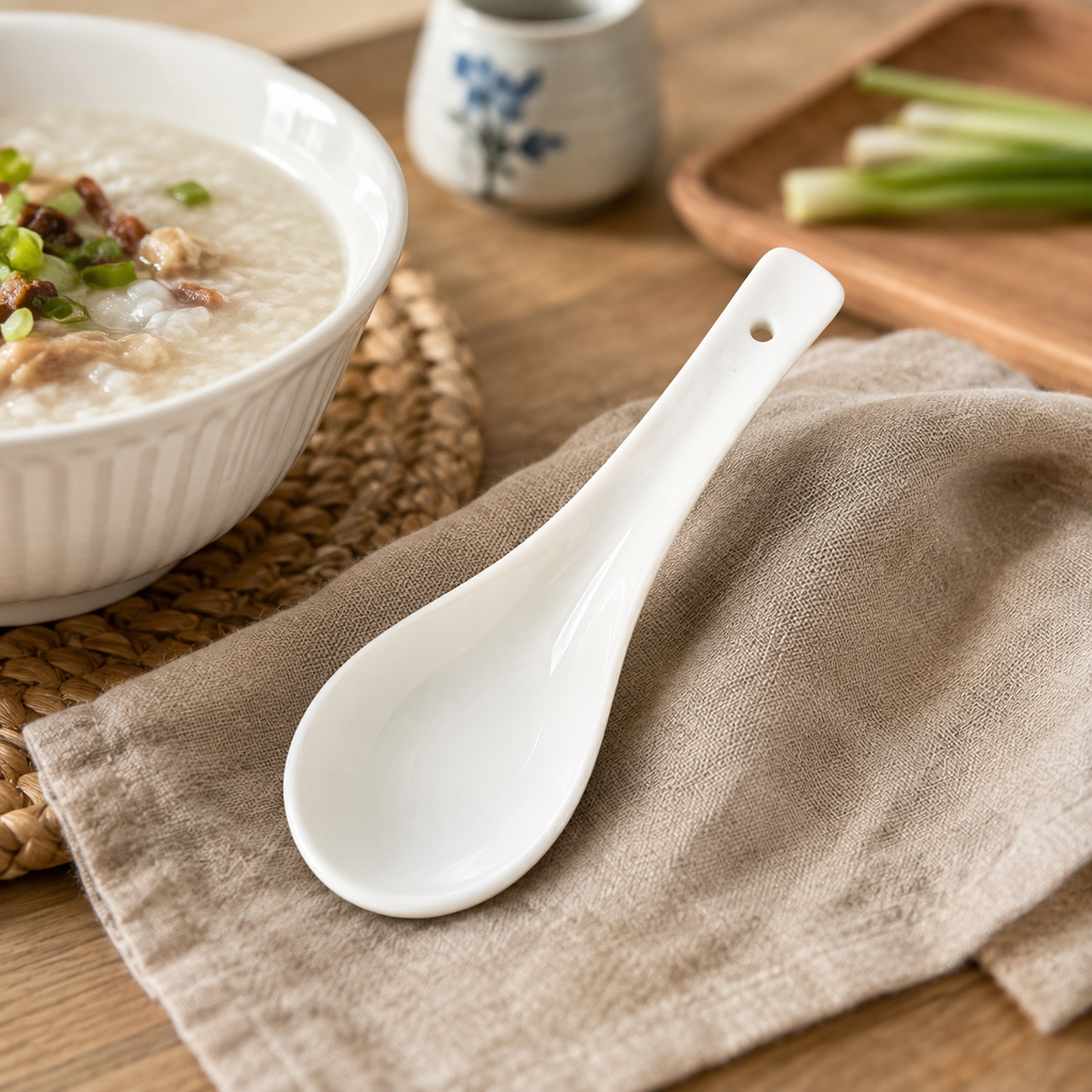 12PK White Ceramic Chinese Soup Spoons Asian Rice Noodle Spoon Kitchen Tableware