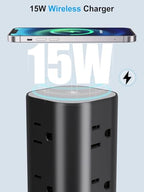 Power Strip Tower with Wireless Charger,Surge Protector with 12 Outlets - color: Black, size: 15FT with Wireless Charging
