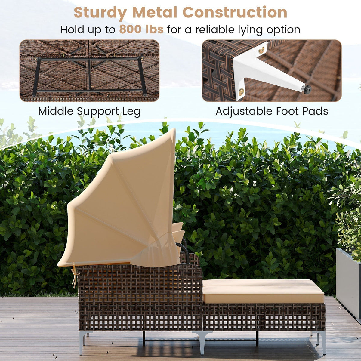 Outdoor Daybed with Retractable Canopy PE Wicker Rattan Patio Lounger