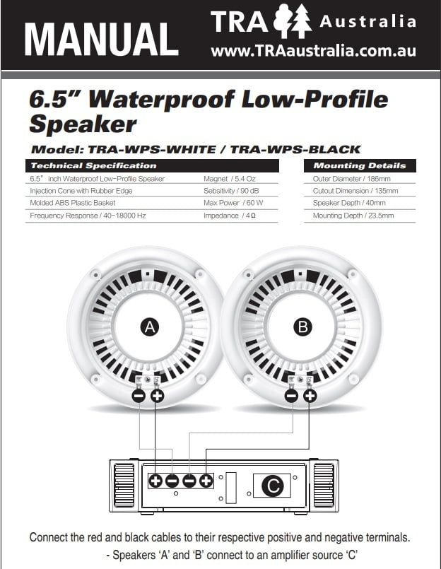 Black 6.5inch Waterproof 120 Watt Low-Profile Speaker (Pair)