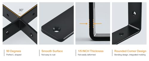 4 Pack - L 8" x H 6" x W1.5, 5mm Thick Black L Shelf Bracket, Iron Shelf Brackets, Metal Shelf Brackets, Floating Shelf, Shelf Supports with Screws - size: 8''x6'', style: Black 4 Pack