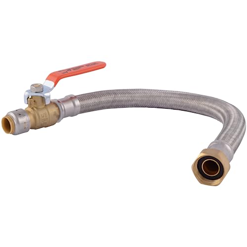 SharkBite Max 1/2 Inch Ball Valve x 3/4 Inch FIP x 18 Inch Stainless Steel Braided Flexible Water Heater Connector, Brass Plumbing Fitting, PEX Pipe, Copper, CPVC, PE-RT, HDPE, UR3068FX18BV - size: 1/2 in.