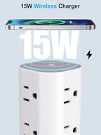 Power Strip Tower with Wireless Charger,Surge Protector with 12 Outlets - color: White, size: 15FT with Wireless Charging