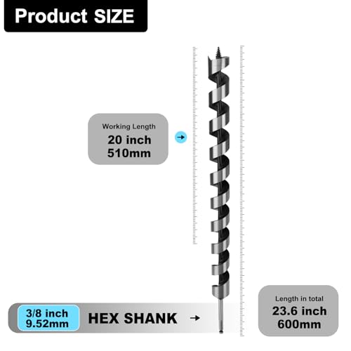 1-1/2" X 23.6" Auger Bit for Wood, 38x600mm Extra Long Auger Drill Bit - size: 1-1/2" (38mm)diameter, style: 23.6 inch / 600mm Length
