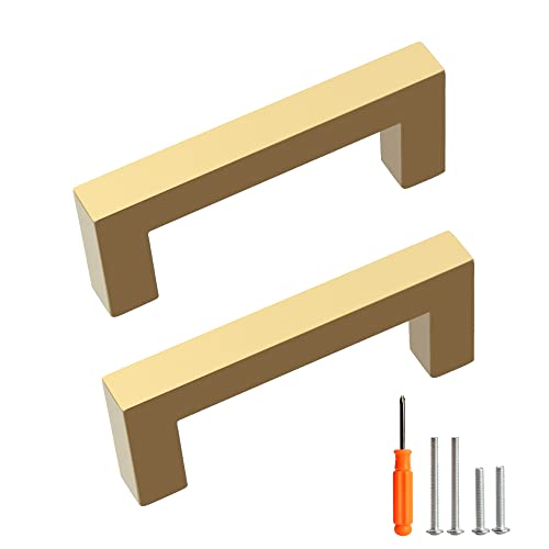 Cabinet Pulls Gold Cabinet Handles Square Drawer Pulls, 10 Pack 3 Inch Stainless Steel Kitchen Door Cupboard Cabinet Handles, Drawer Hardware Handles, 76mm Hole Centers - color: Gold, size: Two Hole - 3 inch Hole Centers(76mm)