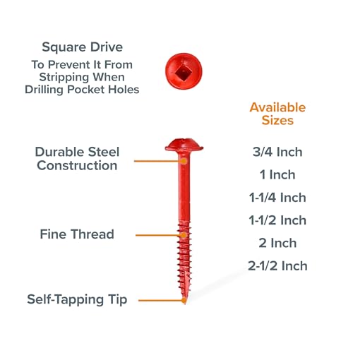 Bora Pocket Hole Screws 1-1/2 in Fine Thread 250 Piece - size: 1-1/2 inch (250 Piece), style: Fine Thread