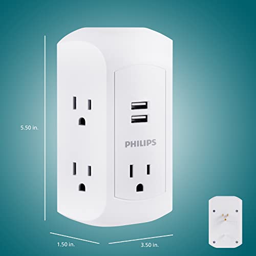Philips 5-Outlet Extender, Grounded Wall Tap, 3-Prong, 2 USB-A, Surge Protector, Adapter Spaced Outlets, Side Access, 560 Joules, Quick and Easy Install, White, SPS5002WA/37 (Pack of 8) - size: 8 Pack, style: 5 Outlet | 2 USB-A | Surge