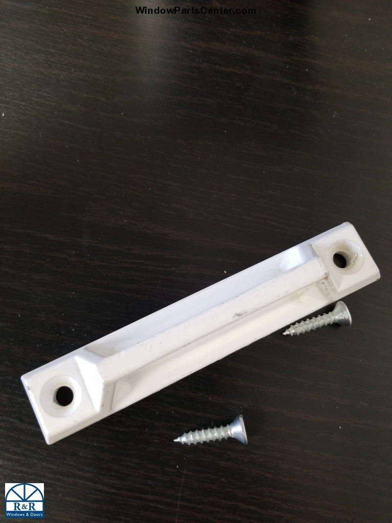 White color sash lift with screws front view. Replacement Window Handle. Part number: 50-404-3 R&R Photo Copyright 1/1/2016