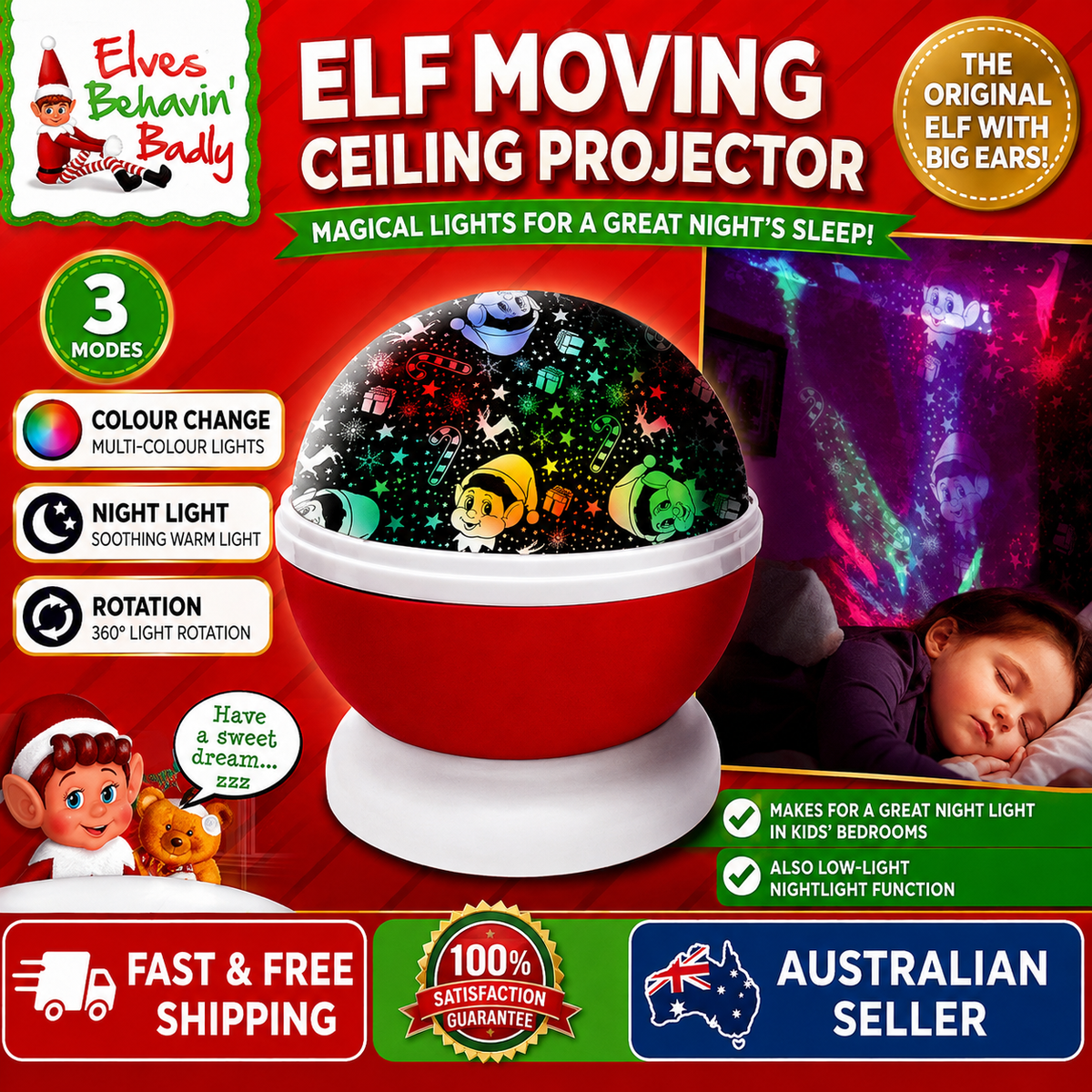 Elf Moving Ceiling Projector Kids Christmas Night Light 3 Modes Rotating LED