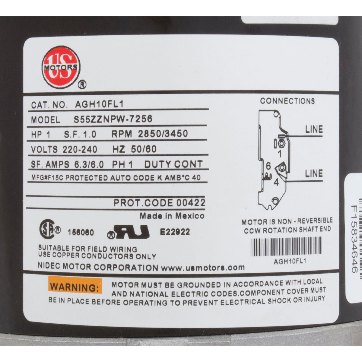 Motor, US Motor, 1.0 Horsepower, ThruBolt, 1-Speed, 230v, 6.0A/ AGH10FL1