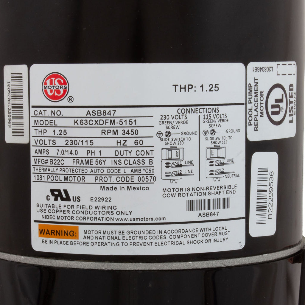 Motor, US Motor, 0.75hp, 115/230v, 56YFr, SQFL, Full Rated/ ASB847