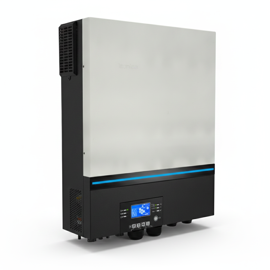 Iconica Max 8000W 48V hybrid pure sine wave inverter with combined 8000W dual-input solar MPPT controller, 120A solar charging current, 120A mains battery charger, parallel capability and inbuilt Wi-Fi mobile monitoring (No battery required)