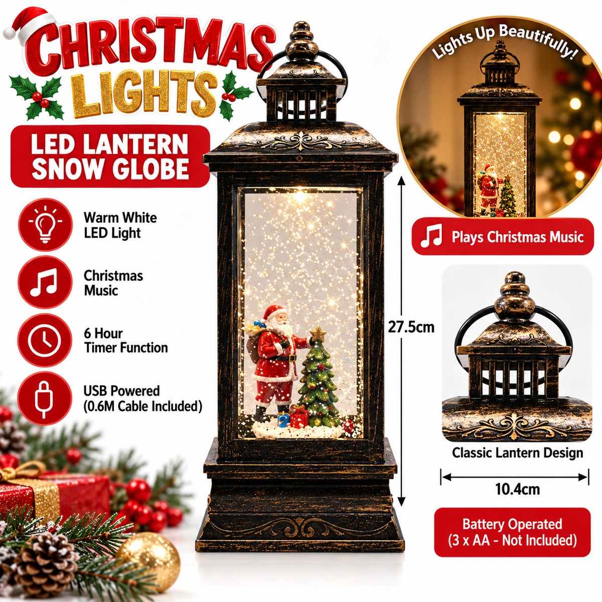 Christmas LED Lantern Snow Globe Santa Light Music 6H Timer USB Battery 27.5cm