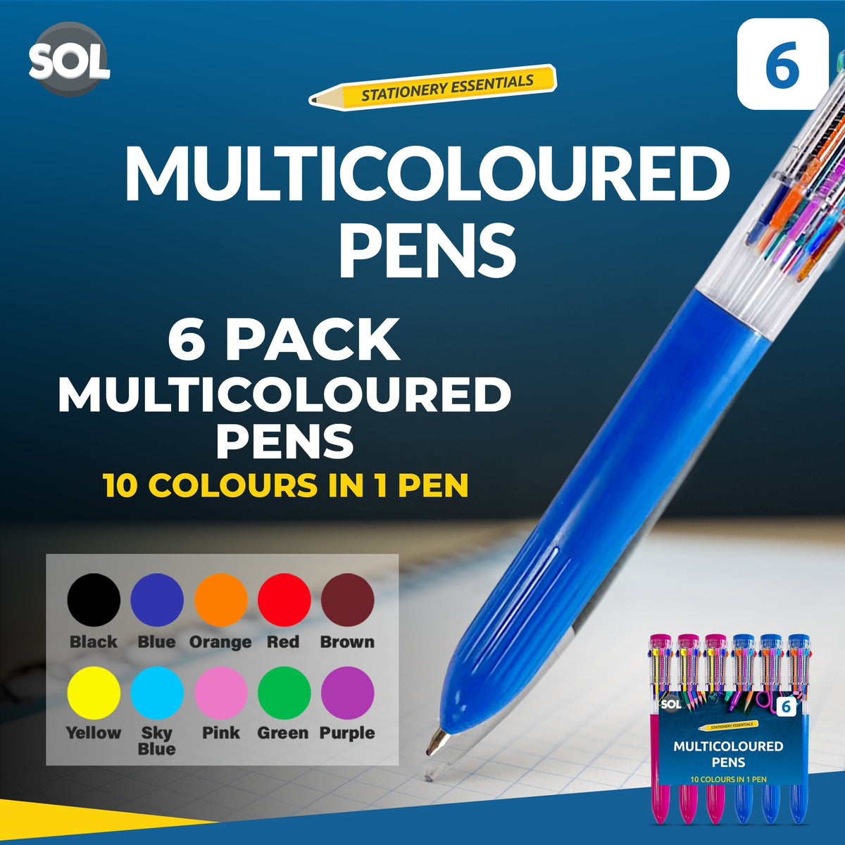 Jumbo 10-in-1 Multi Colour Pens | Retractable Ballpoint | 6 Pack