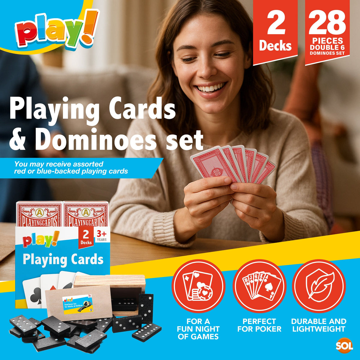 Playing Cards & Dominoes Game Set | 2 Pack Plastic Coated Cards + 28 Dominoes