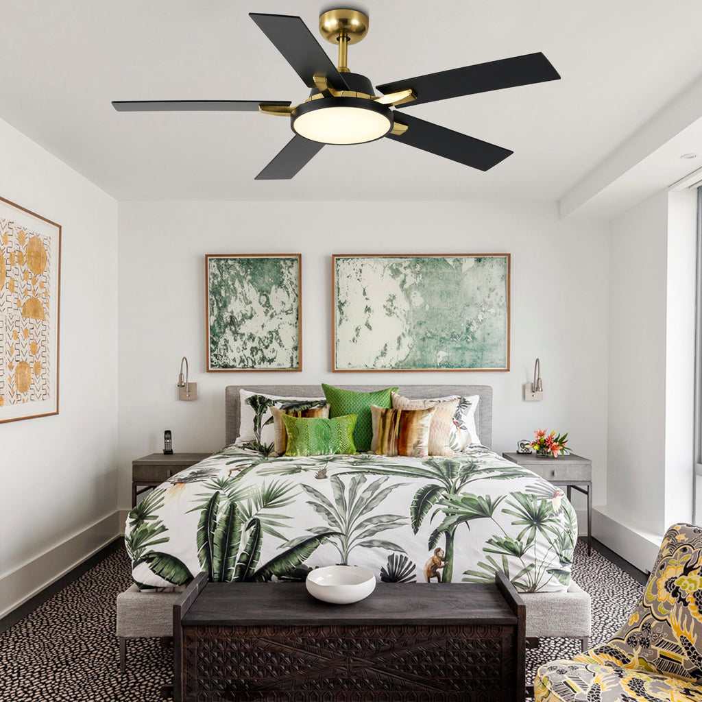 52 Inches Black and Gold Modern Ceiling Fan with LED Lights, 6 Speeds DC Motor Indoor Ceiling Fan for Large Room