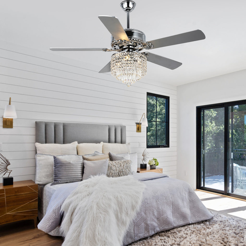 52 Inch Chrome Glam Crystal Ceiling Fan with Lights and Remote, 6 Speeds DC Motor Reversible Chandelier Ceiling Fan with Crystals