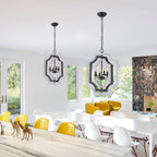 4 - Lights Distressed Wood Chandelier with Adjustable Chain, 16.9" Geometric Chandelier for Entryway with DIY Shade