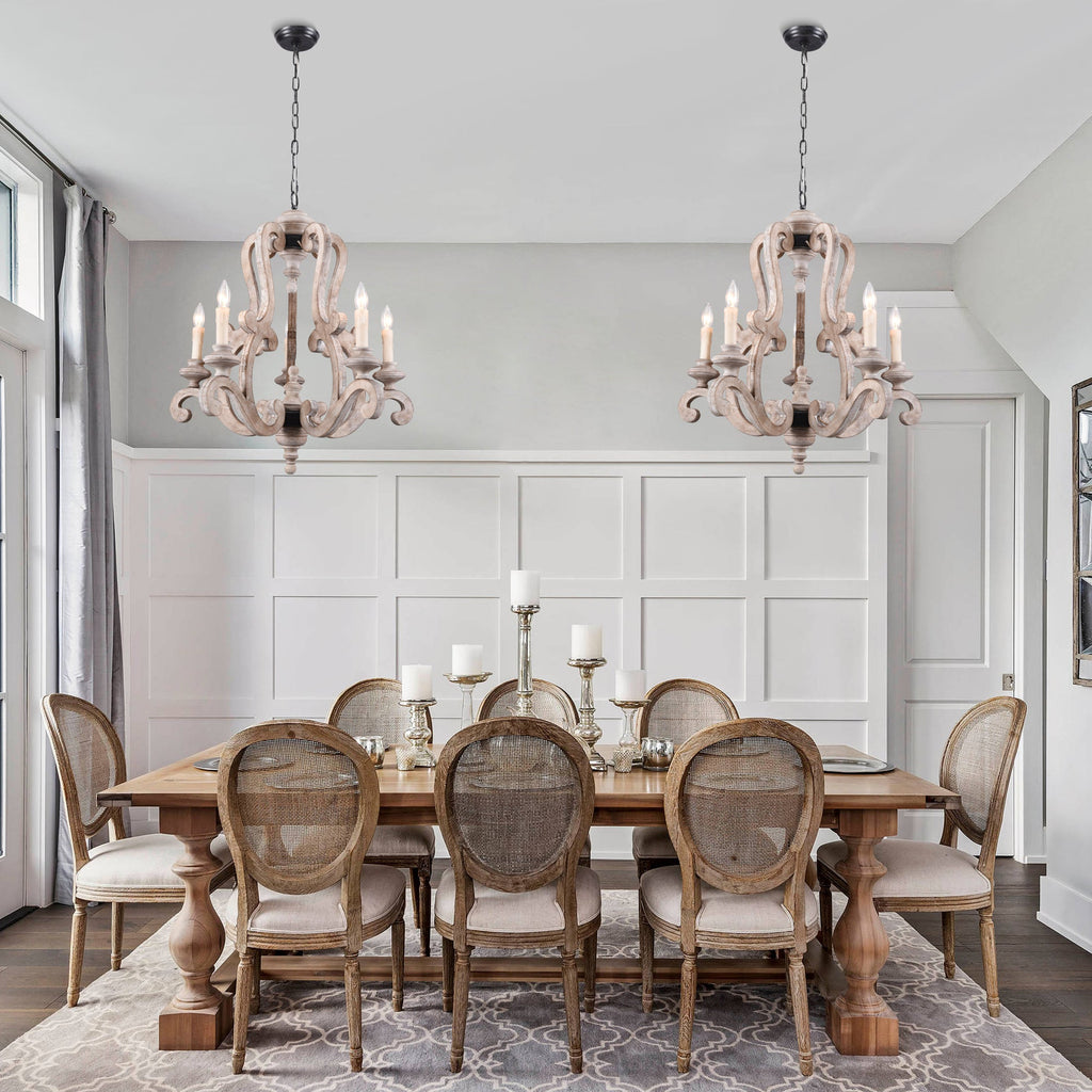 5 - Light Distressed Wood French Country Vintage Chandelier with Adjustable Height,  25" Farmhouse Chandelier for Dining Room