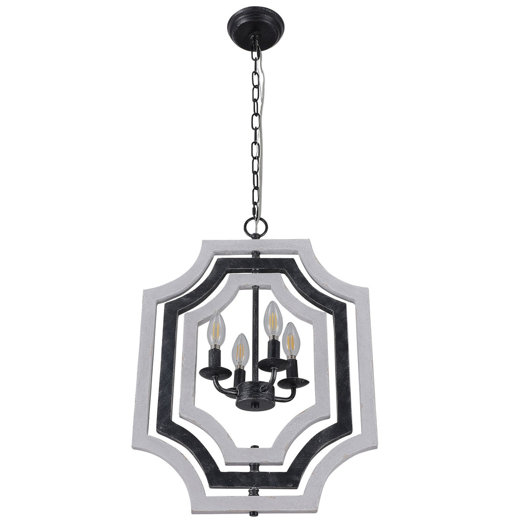 4 - Lights Distressed Wood Chandelier with Adjustable Chain, 16.9" Geometric Chandelier for Entryway with DIY Shade
