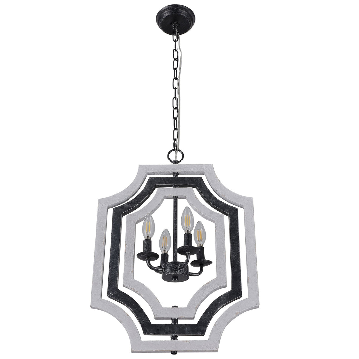 4 - Lights Distressed Wood Chandelier with Adjustable Chain, 16.9" Geometric Chandelier for Entryway with DIY Shade
