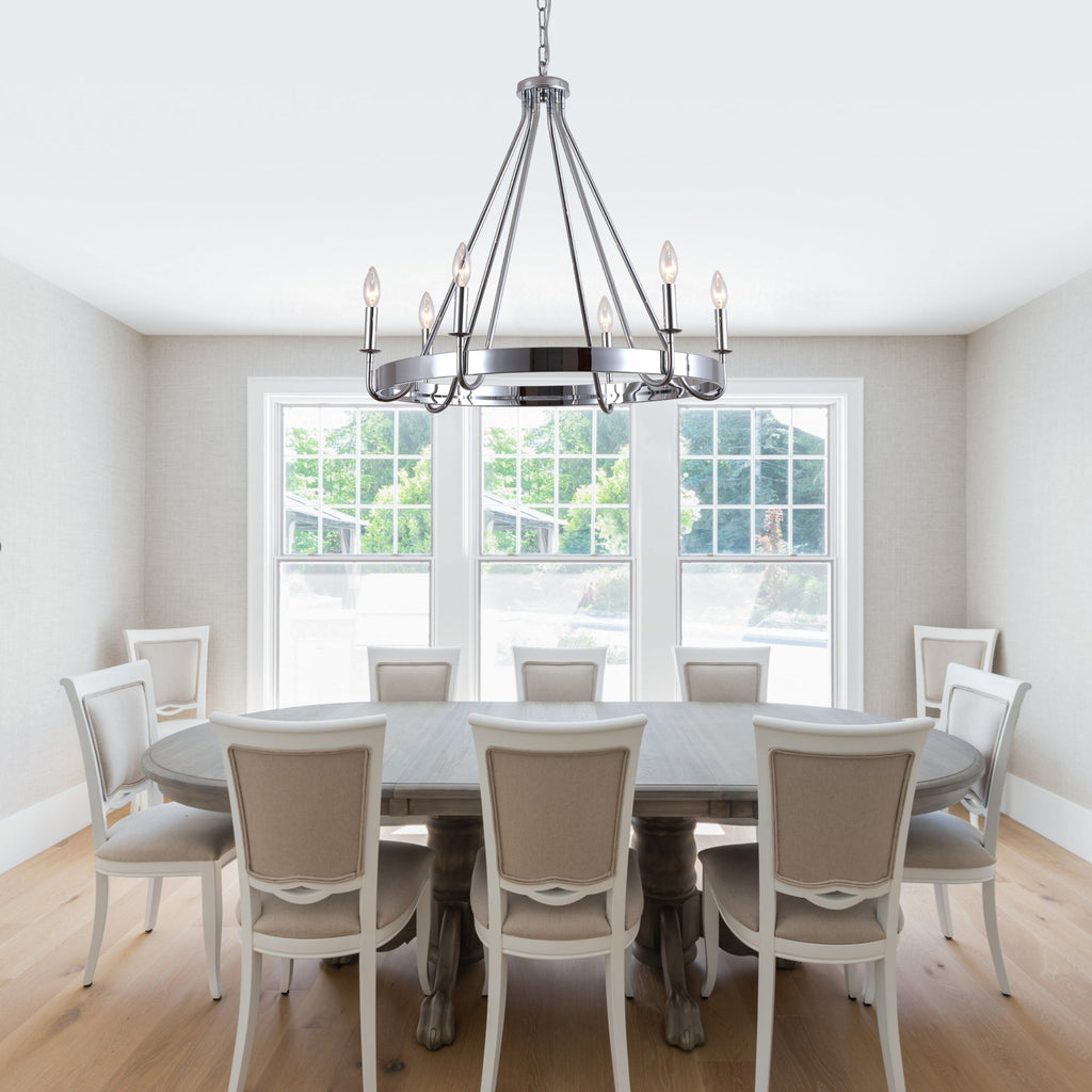 6 - Light Chrome Farmhouse Wagon Wheel Chandelier,  28 Inch Industrial Rustic Vintage Round Kitchen Island Pendant Light for Dining Room