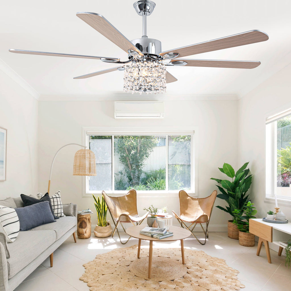 65 Inch Modern Glam Crystal Ceiling Fan with Lights and Remote Control,6 Speeds DC Motor  Black/Chrome Large Ceiling Fan with Crystals