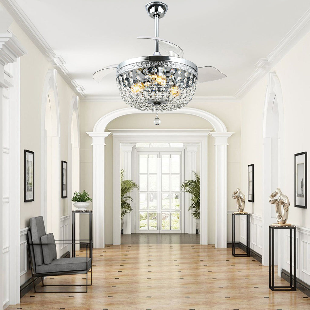 42 Inch Chrome Modern Glam Crystal Retractable Ceiling Fan with Lights and Remote Control, 6 Speeds DC Motor Fandelier Ceiling Fan