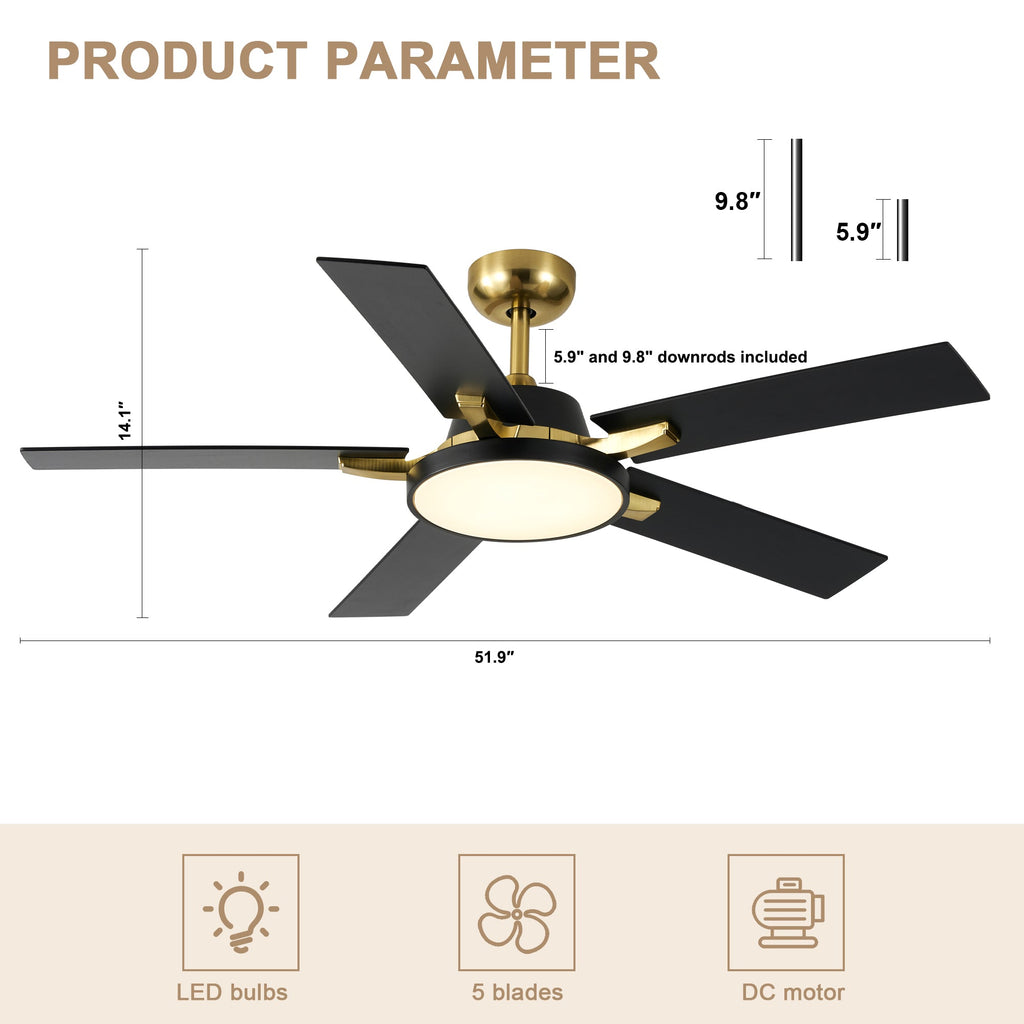 52 Inches Black and Gold Modern Ceiling Fan with LED Lights, 6 Speeds DC Motor Indoor Ceiling Fan for Large Room