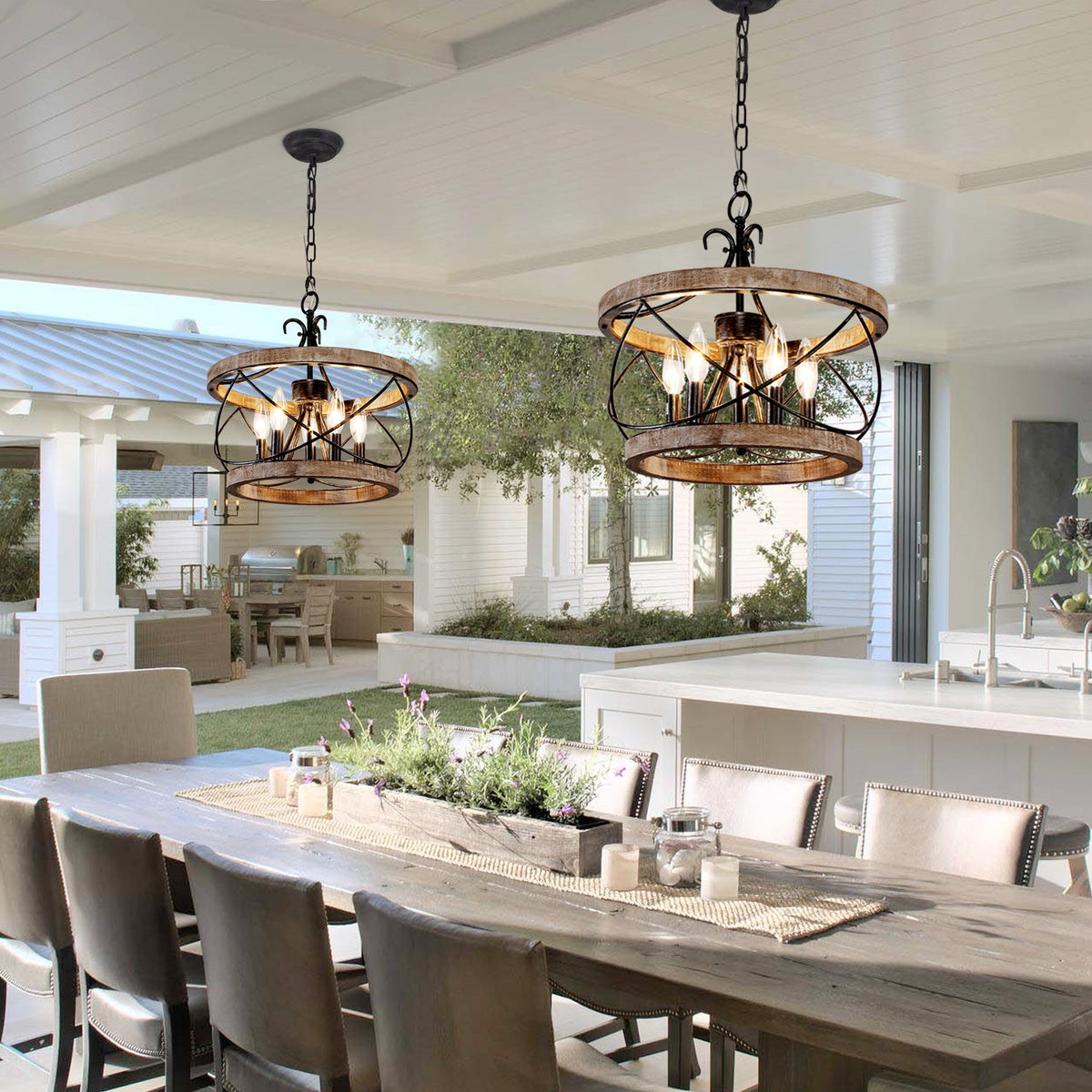 5 - Lights 15.7" Distressed Wood/White Mid-Century Caged Chandelier, Adjustable Chain Pendant Light Rustic Drum Chandelier