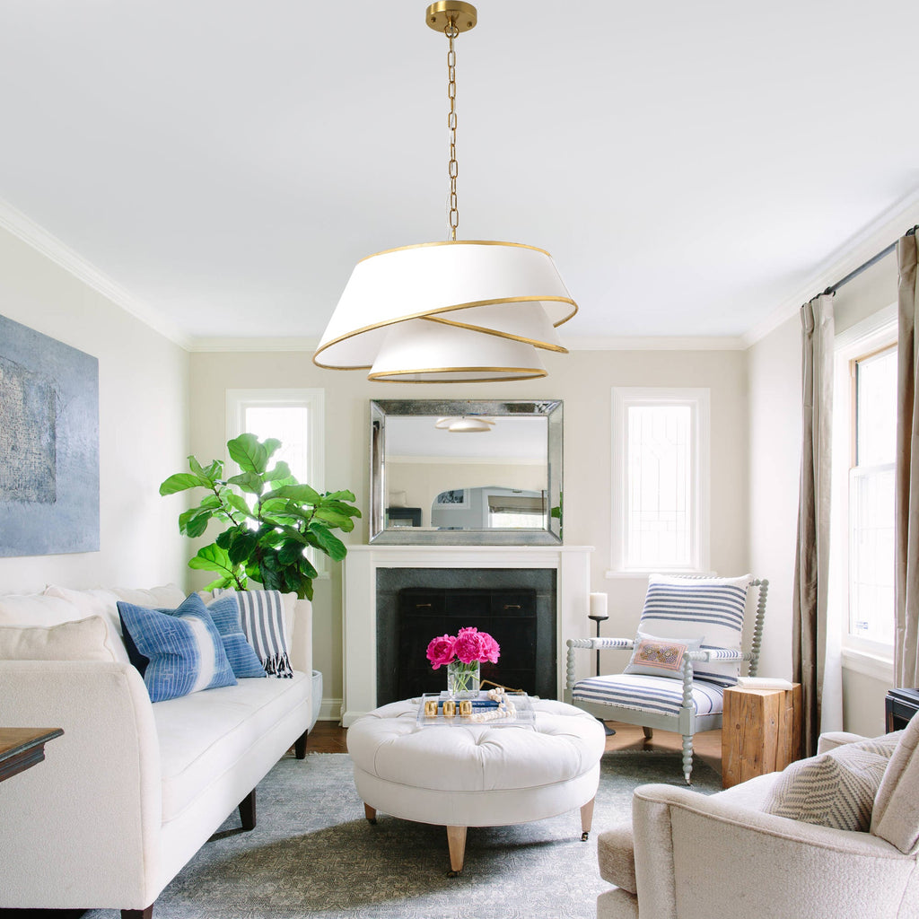 4-Light Mid Century Modern Drum Chandelier, Three-Tier Gold Chandelier with Fabric Shades, Modern Drum Light Fixtures for Dining Room