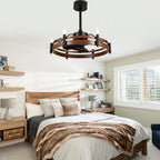 24 Inch Black Farmhouse Wagon Wheel Ceiling Fan with Lights and Remote, 6 Speeds DC Motor Reversible Bladeless Fandelier Ceiling Fan
