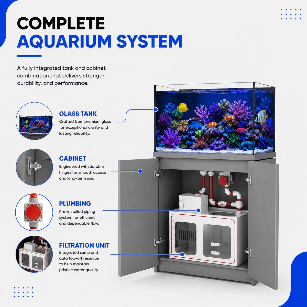 100 Gallon Fish Tank Coral Reef Aquarium With Stand, Built in Sump, Ultra Clear Glass - Silver