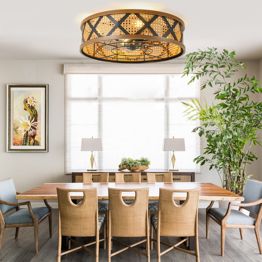 23 Inch Boho Rattan Flush Mount Ceiling Fan with Lights and Remote, 6 Speeds DC Motor Farmhouse Low Profile Bladeless Ceiling Fan