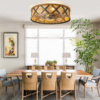 23 Inch Boho Rattan Flush Mount Ceiling Fan with Lights and Remote, 6 Speeds DC Motor Farmhouse Low Profile Bladeless Ceiling Fan