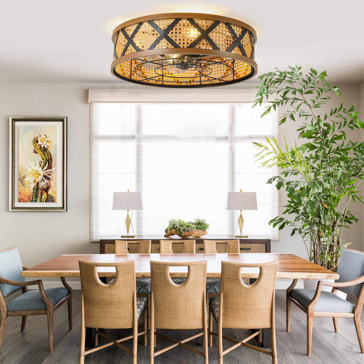 23 Inch Boho Rattan Flush Mount Ceiling Fan with Lights and Remote, 6 Speeds DC Motor Farmhouse Low Profile Bladeless Ceiling Fan