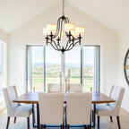 6 - Light Traditional Farmhouse Chandelier with Fabric Shades, 30 Inch Black Chandelier, Adjustable Classic Dining Room Light Fixture for Living Room